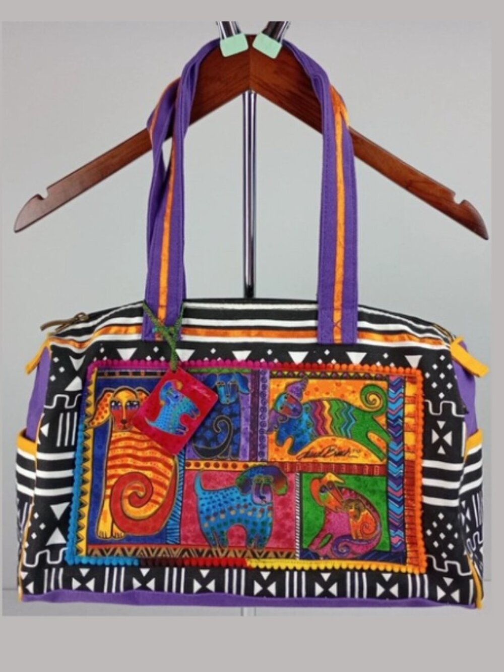 Laurel Burch Top Handle Zipper 15x8.5x5 Dog Patchwork Handbag Purse Tote Satchel